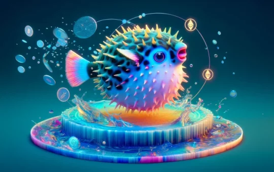 3D animated representation of a Puffer fish swimming in an Ethereum liquidity pool.