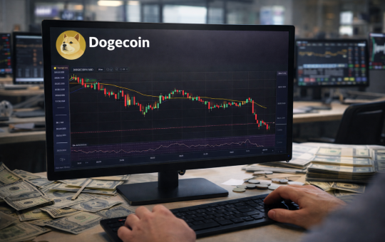 A trader’s hands operate a keyboard while monitoring a Dogecoin candlestick chart on a desktop monitor in a financial office setting.