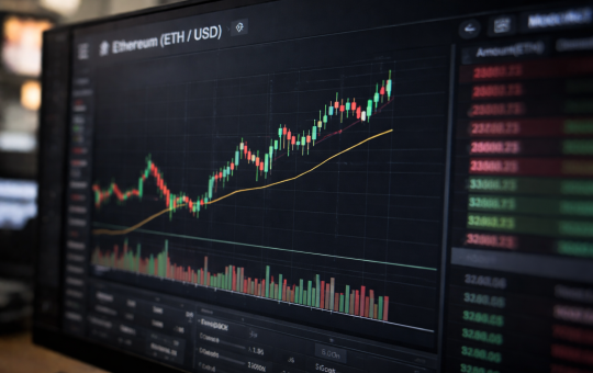 A computer monitor displaying an Ethereum (ETH/USD) candlestick price chart with rising trend lines and trading volume bars on a cryptocurrency trading interface.