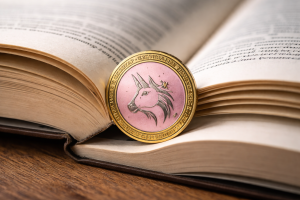 A cryptocurrency token featuring a unicorn emblem resting on the pages of an open book.