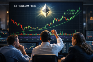 Traders staring at a bullish ethereum chart